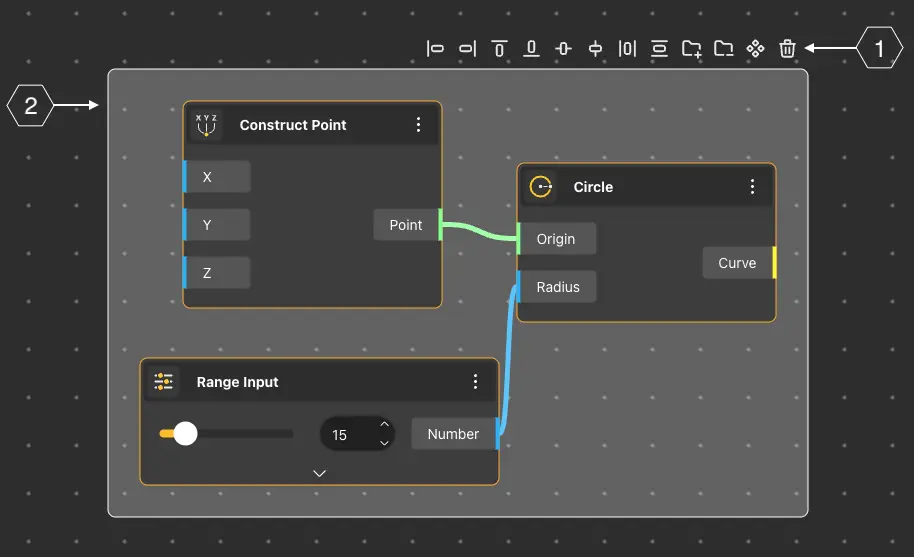 The arrangement toolbar above a multi-node selection