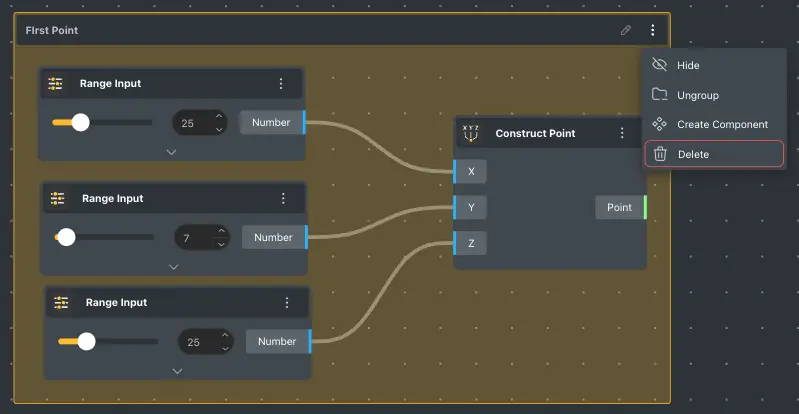 The group right-click menu with Hide, Ungroup, Create Component, and Delete