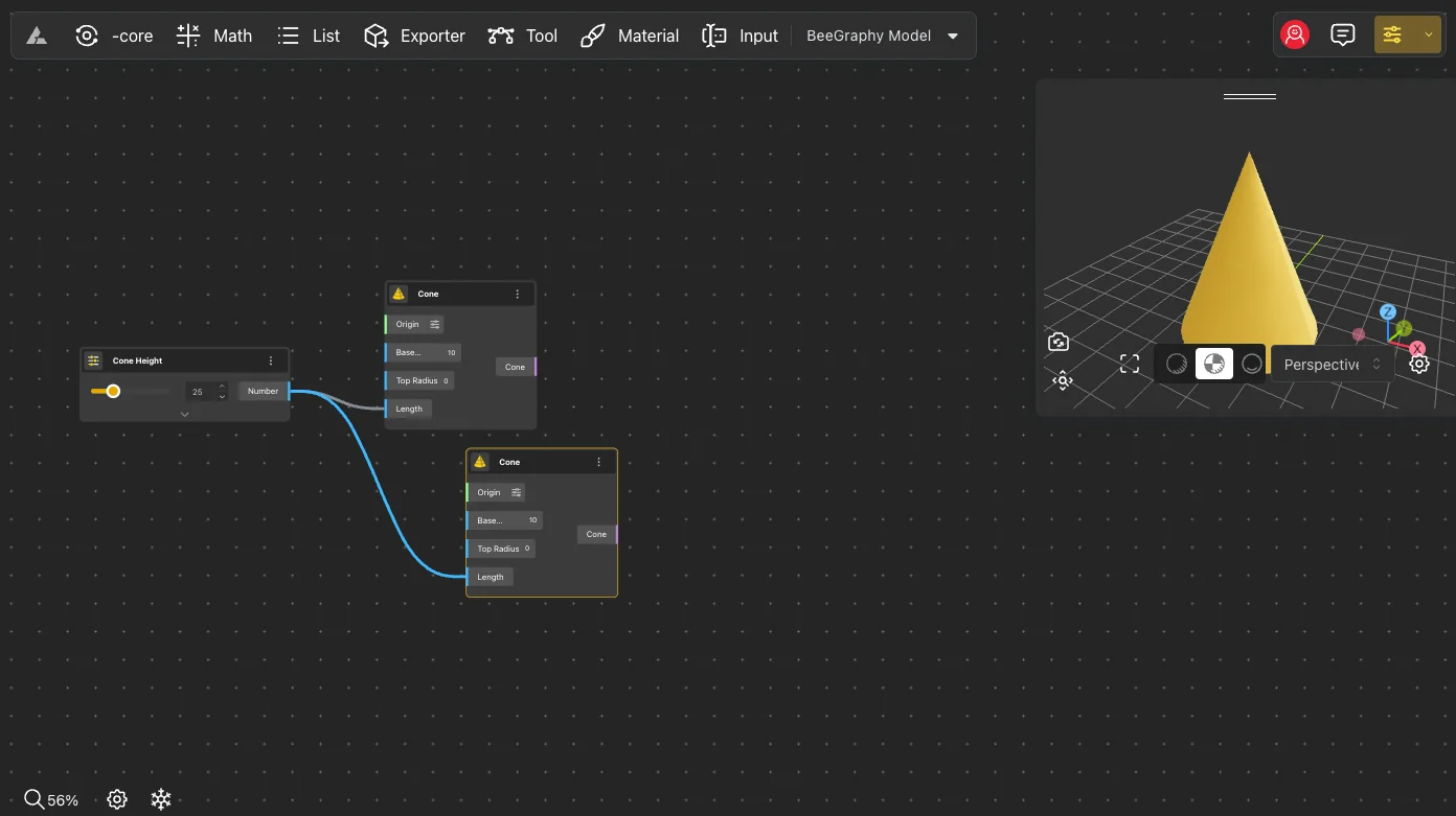 A node graph in the workspace with a 3D preview